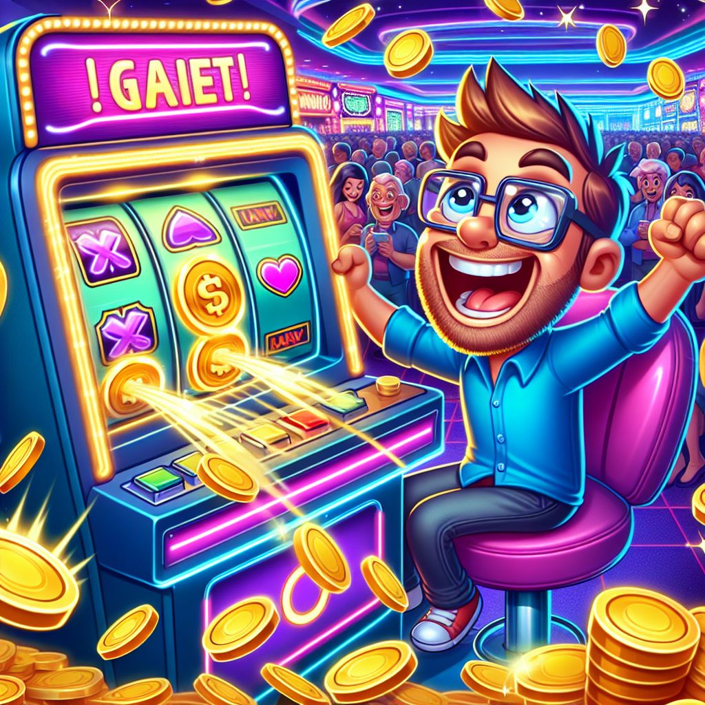 11btk themed cartoon character playing colorful slot machines with gold coins